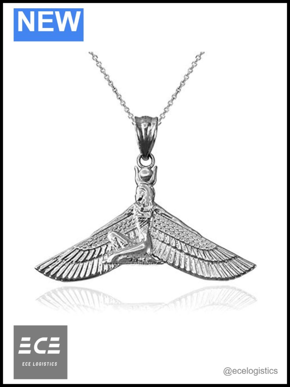 Sterling Silver Isis Egyptian Winged Goddess Pendant Necklace 18 Inch